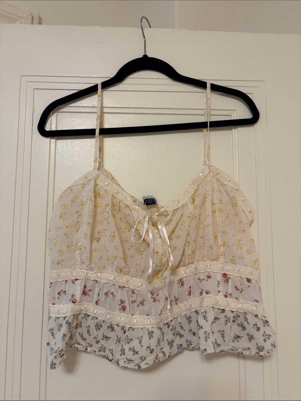 Floral Lace Trim Spaghetti Strap Cami Top - Ivory with Yellow, Red, Blue Florals